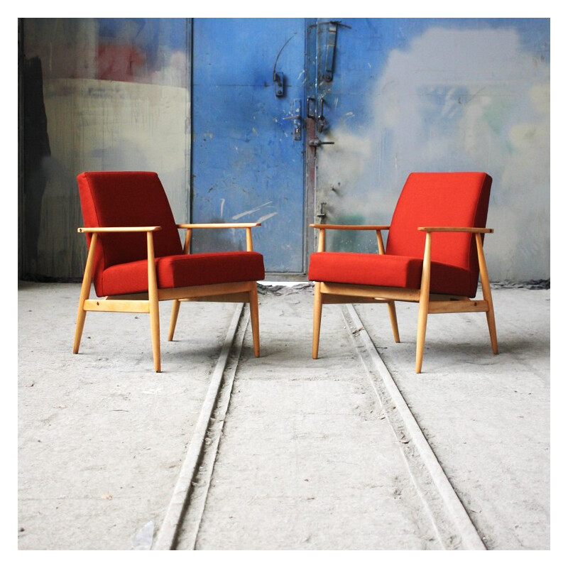 Vintage Polish armchair in wood and red fabric - 1960s 