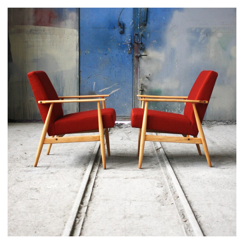 Vintage Polish armchair in wood and red fabric - 1960s 