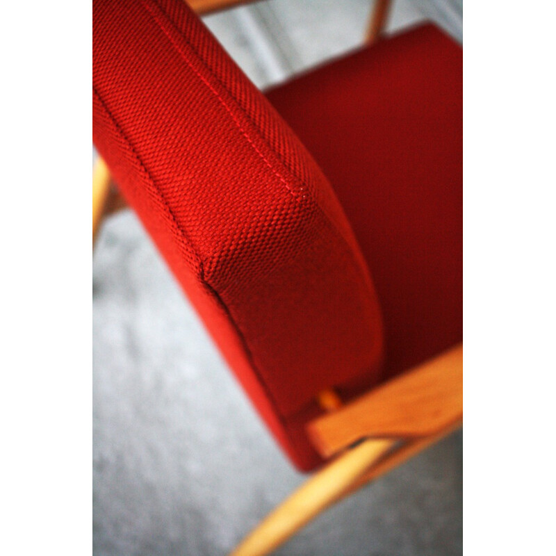 Vintage Polish armchair in wood and red fabric - 1960s 