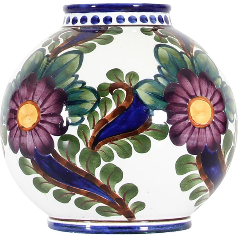 Scandinavian vintage round ceramic vase with floral motifs by Harald Slott-Moeller for Aluminia, 1930
