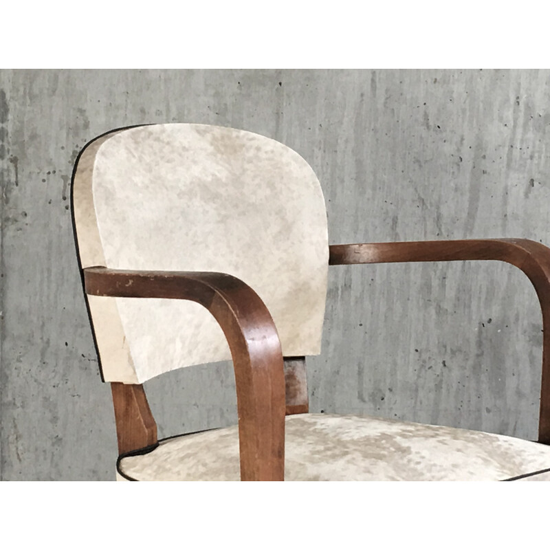 Pair of  white vinyl armchairs with sculpted oak frames - 1950s