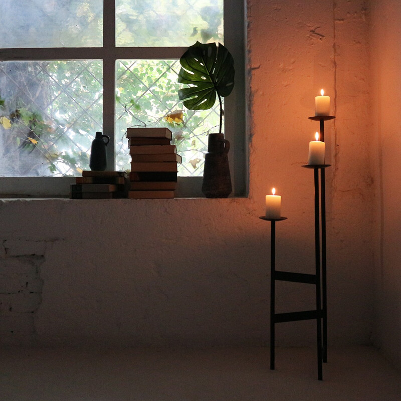 Steel and copper floor candleholder - 1960s