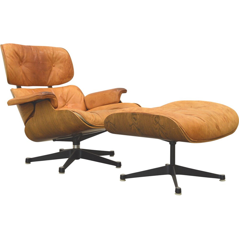 Fauteuil Lounge et repose-pied couleur Cognac de Eames pour Herman Miller - 1960