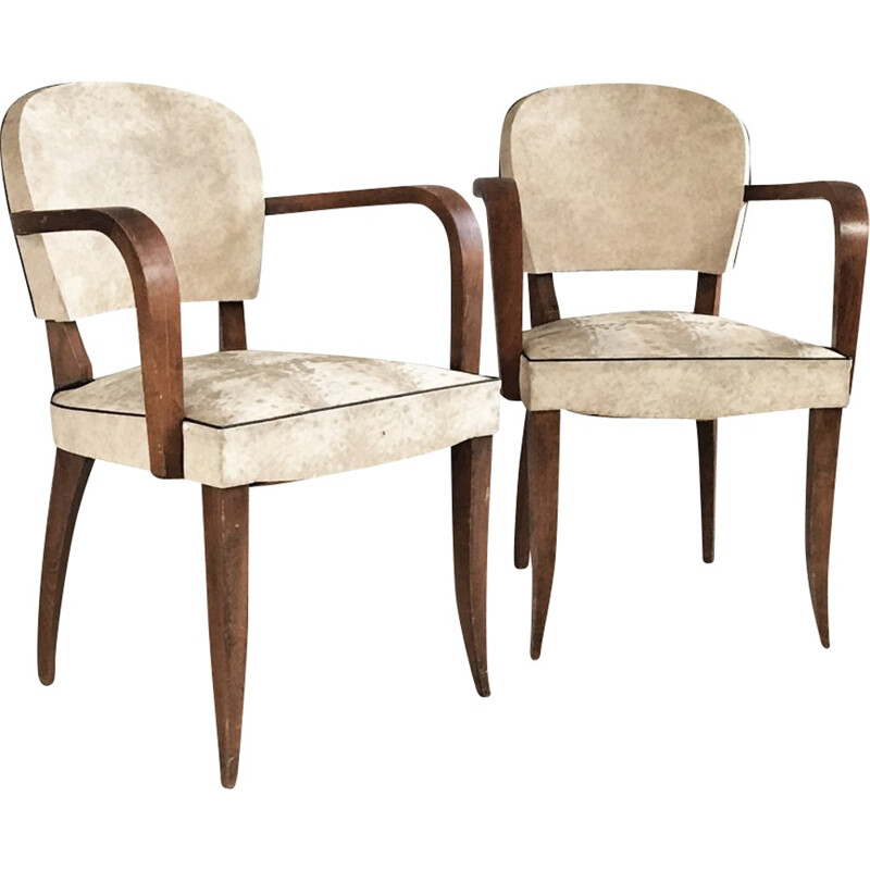 Pair of  white vinyl armchairs with sculpted oak frames - 1950s