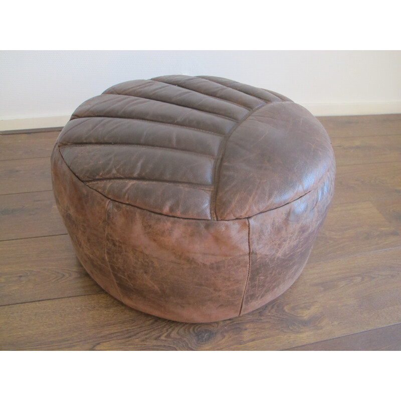 Vintage Brown Leather Pouf - 1960s