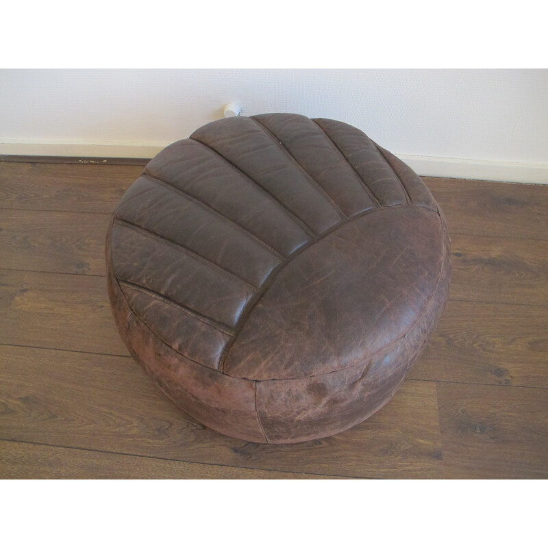 Vintage Brown Leather Pouf - 1960s