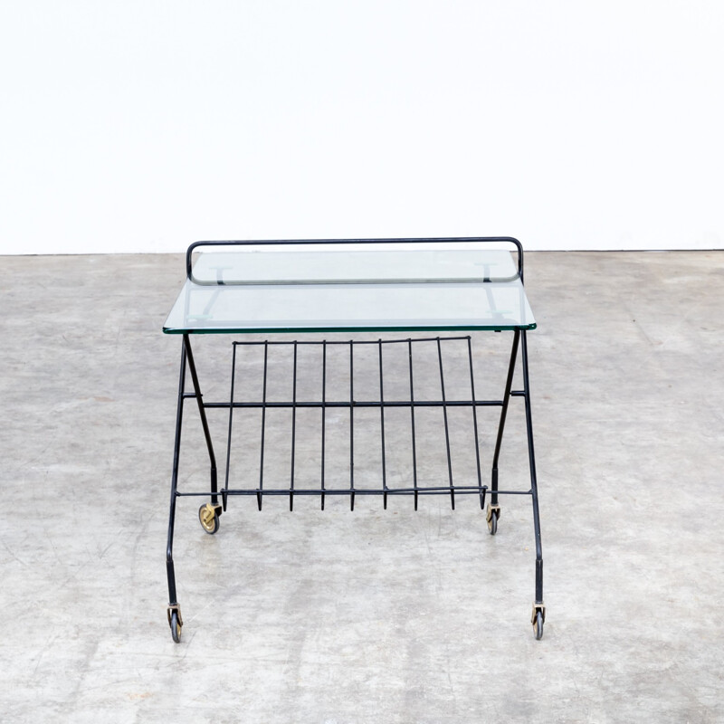 Metal and glass serving trolley with magazine holder - 1950s