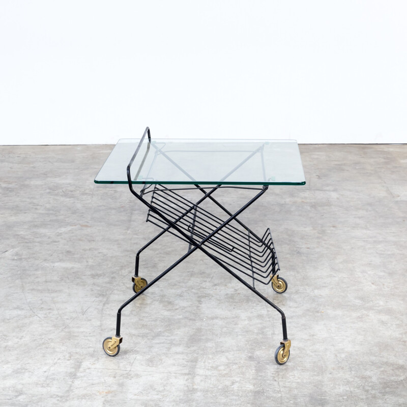 Metal and glass serving trolley with magazine holder - 1950s