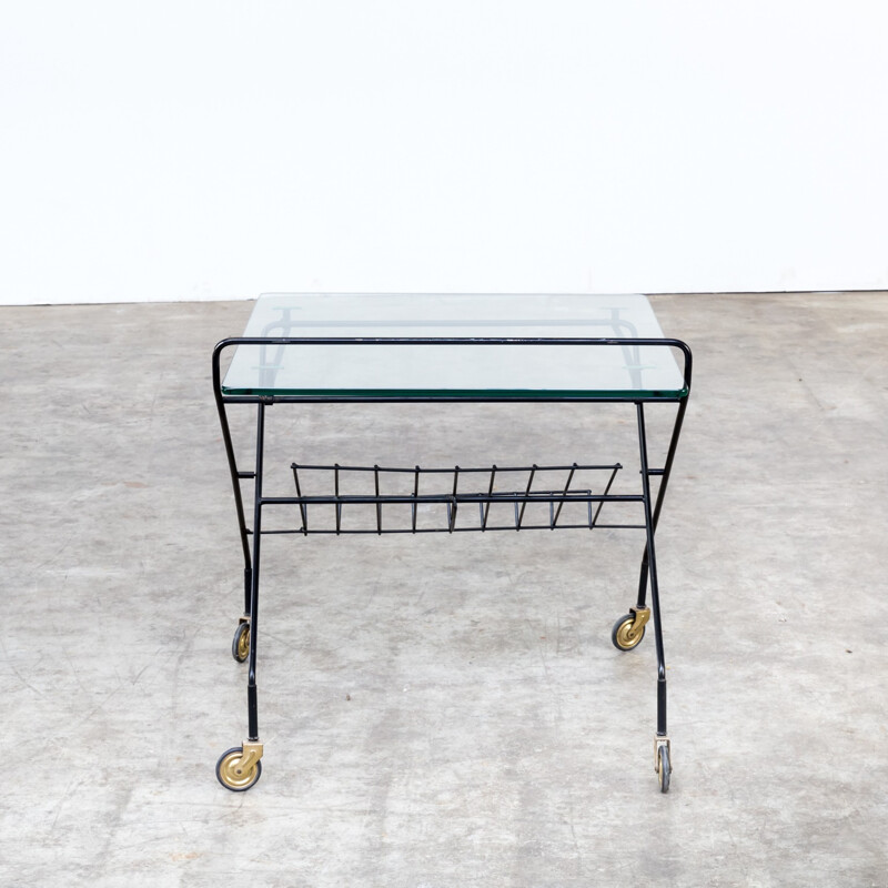 Metal and glass serving trolley with magazine holder - 1950s