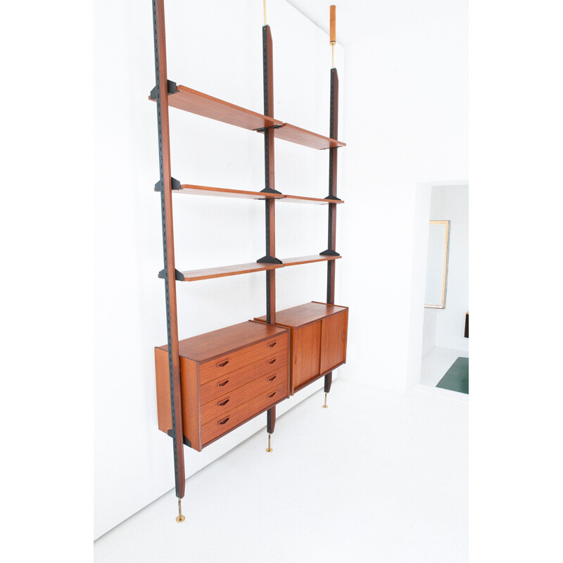 Italian Teak and Brass Floor to Ceiling Wall Unit - 1950s