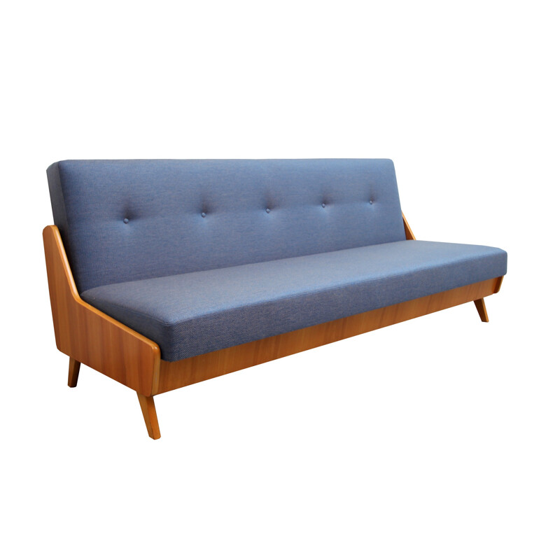 Sofa in ashwood and blue fabric - 1950s