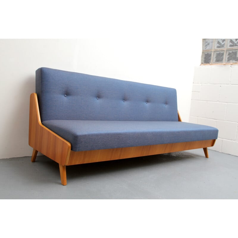 Sofa in ashwood and blue fabric - 1950s