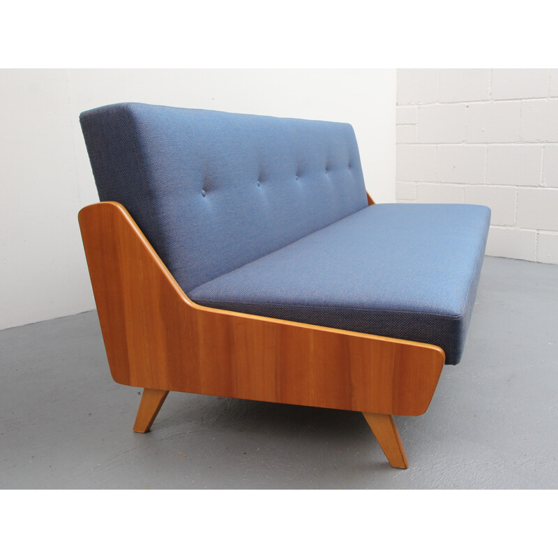 Sofa in ashwood and blue fabric - 1950s