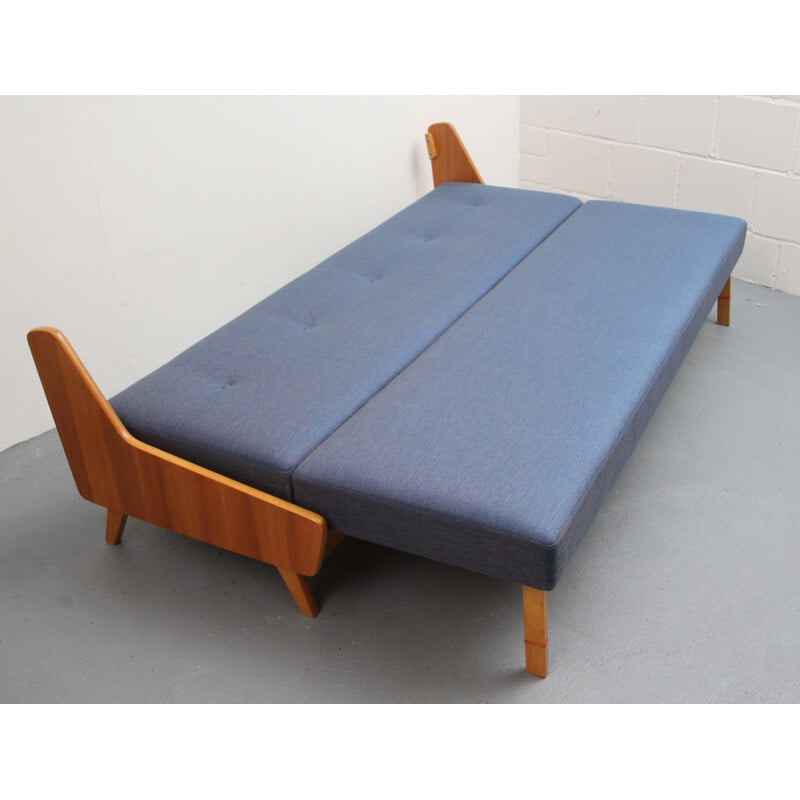 Sofa in ashwood and blue fabric - 1950s