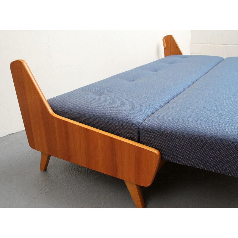 Sofa in ashwood and blue fabric - 1950s