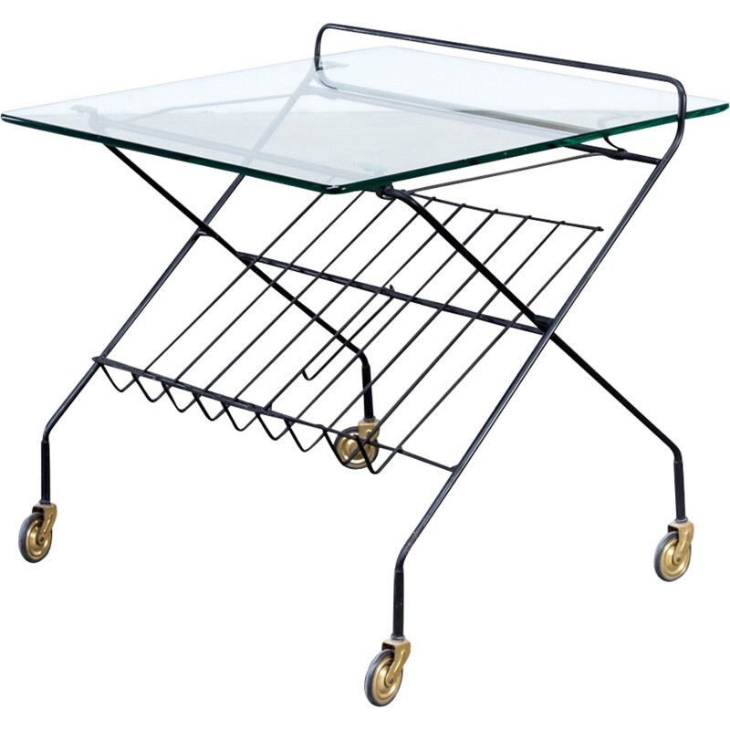 Metal and glass serving trolley with magazine holder - 1950s