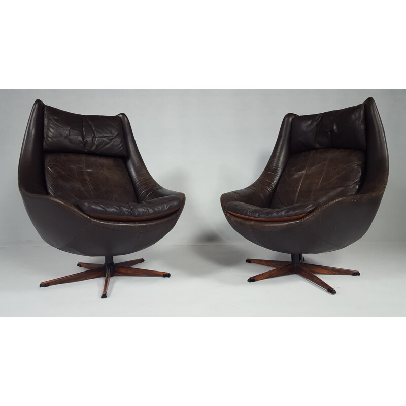 Danish Brown Leather Swivel Chair - 1970s