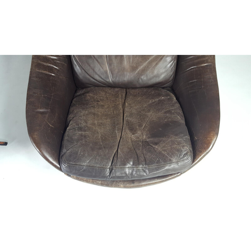 Danish Brown Leather Swivel Chair - 1970s