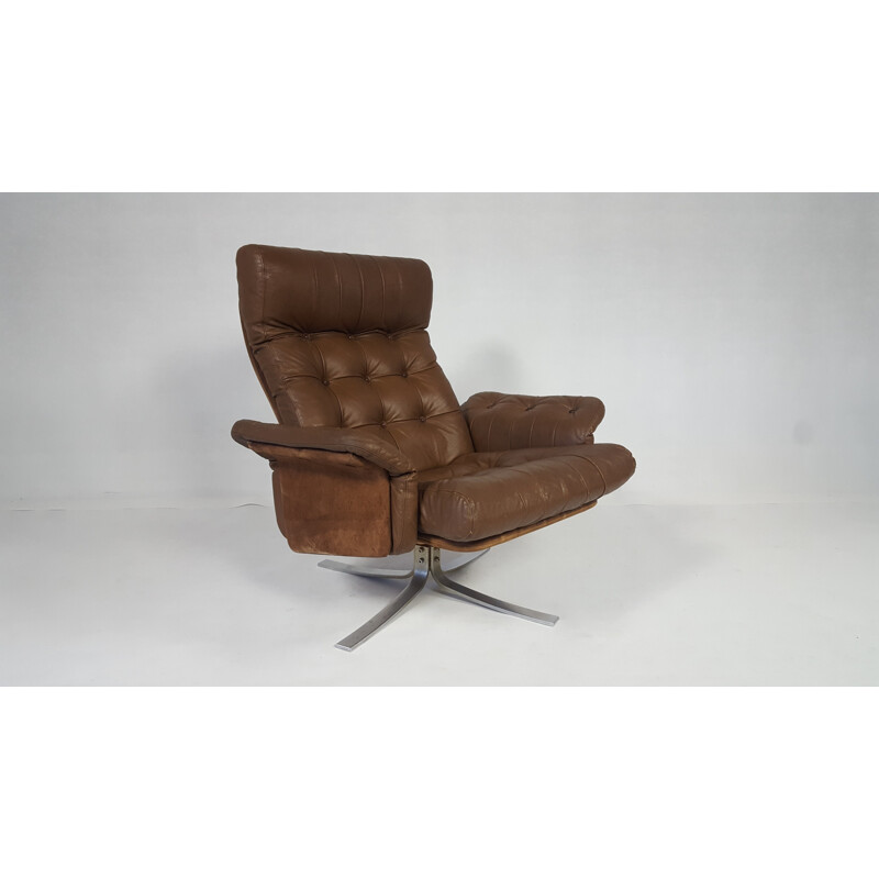 Vintage Danish Leather Swivel Lounge Chair by Ebbe Gehl Soren Nissen - 1970s