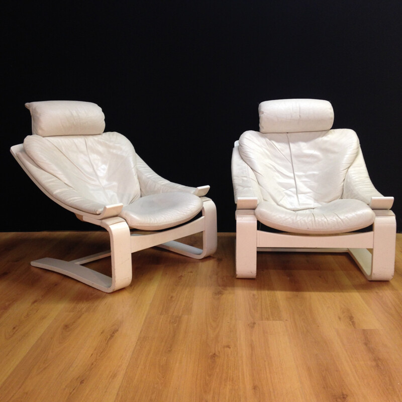 Pair of armchairs "Kroken" in white leather, Ake FRIBYTER - années 90