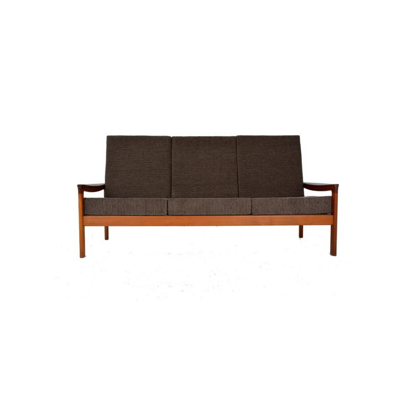 Vintage 3-seater Sofa in teak and brown fabric - 1960s 