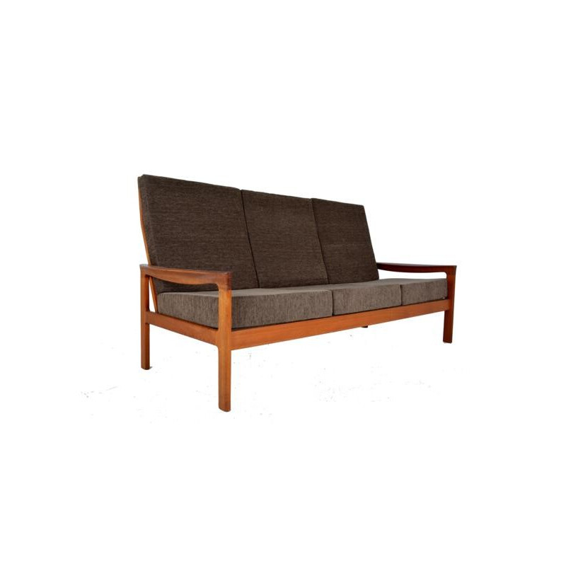 Vintage 3-seater Sofa in teak and brown fabric - 1960s 