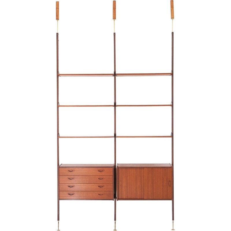 Italian Teak and Brass Floor to Ceiling Wall Unit - 1950s