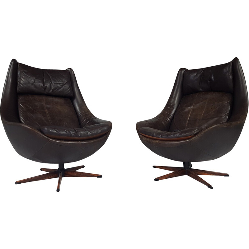 Danish Brown Leather Swivel Chair - 1970s