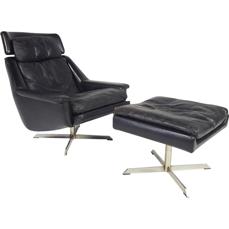 Vintage Leather Lounge Chair with Its Ottoman by Werner Langenfeld for ESA - 1970s
