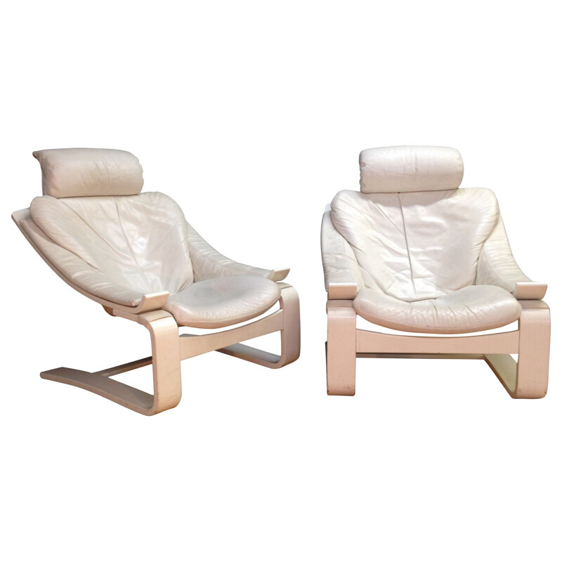 Pair of armchairs "Kroken" in white leather, Ake FRIBYTER - années 90