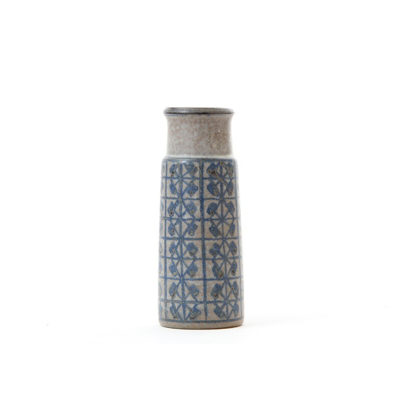 Scandinavian vintage ceramic cylindrical vase with blue patterns by Marianne Starck for Michael Andersen and Son, 1970
