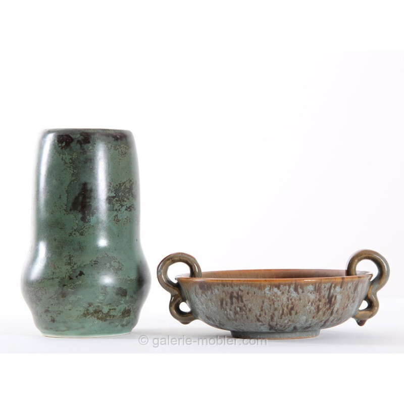 Scandinavische vintage groen bronzen keramische vaas voor Arabia, 1940