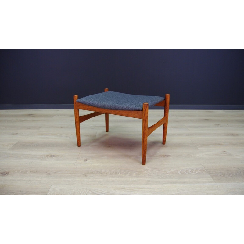 Vintage teak footrest in blue fabric - 1960s