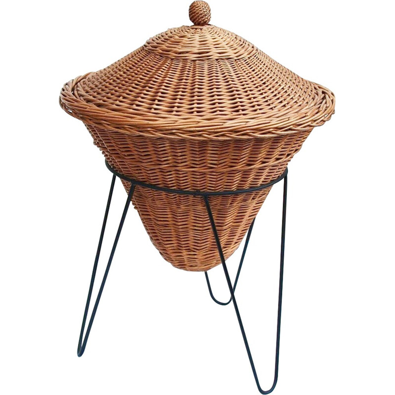 Tripod rattan with iron feet vanity storage - 1950s