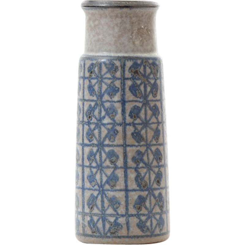 Scandinavian vintage ceramic cylindrical vase with blue patterns by Marianne Starck for Michael Andersen and Son, 1970