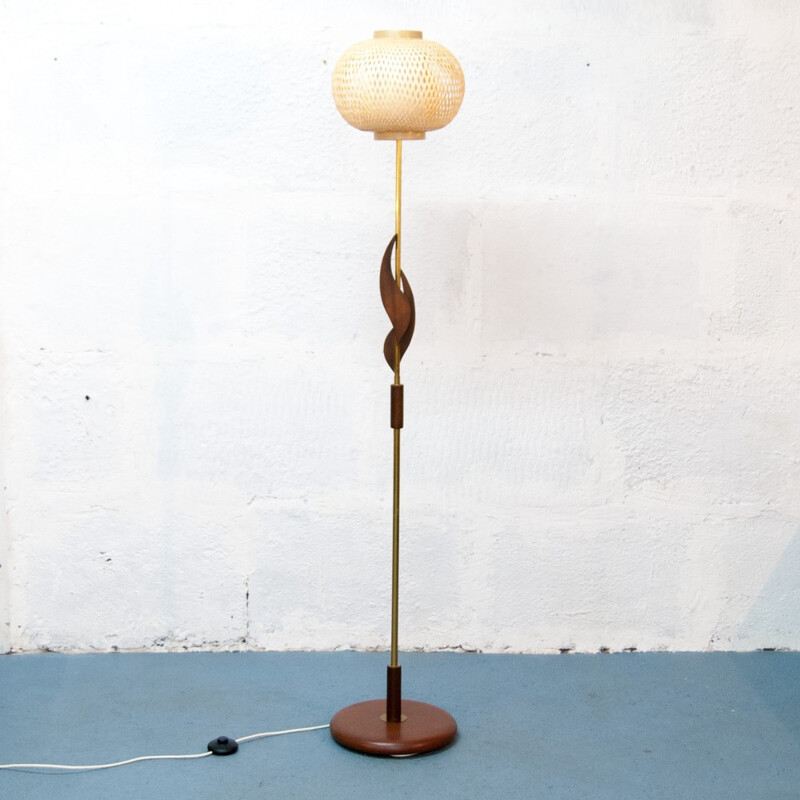Teak Floor Lamp, Golden Brass and Rattan - 1960s