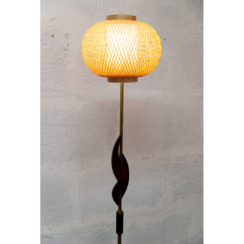 Teak Floor Lamp, Golden Brass and Rattan - 1960s
