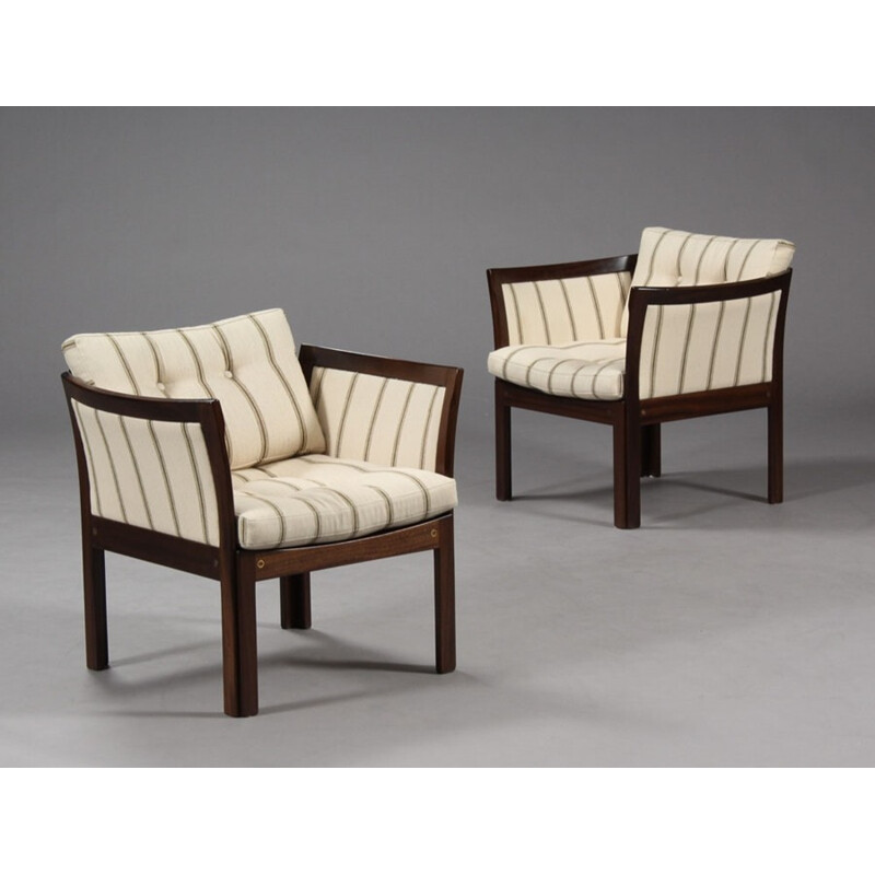 Pair of  Plexus Easy Chairs in Mahogany and White Fabric by Illum Wikkelso - 1960s 