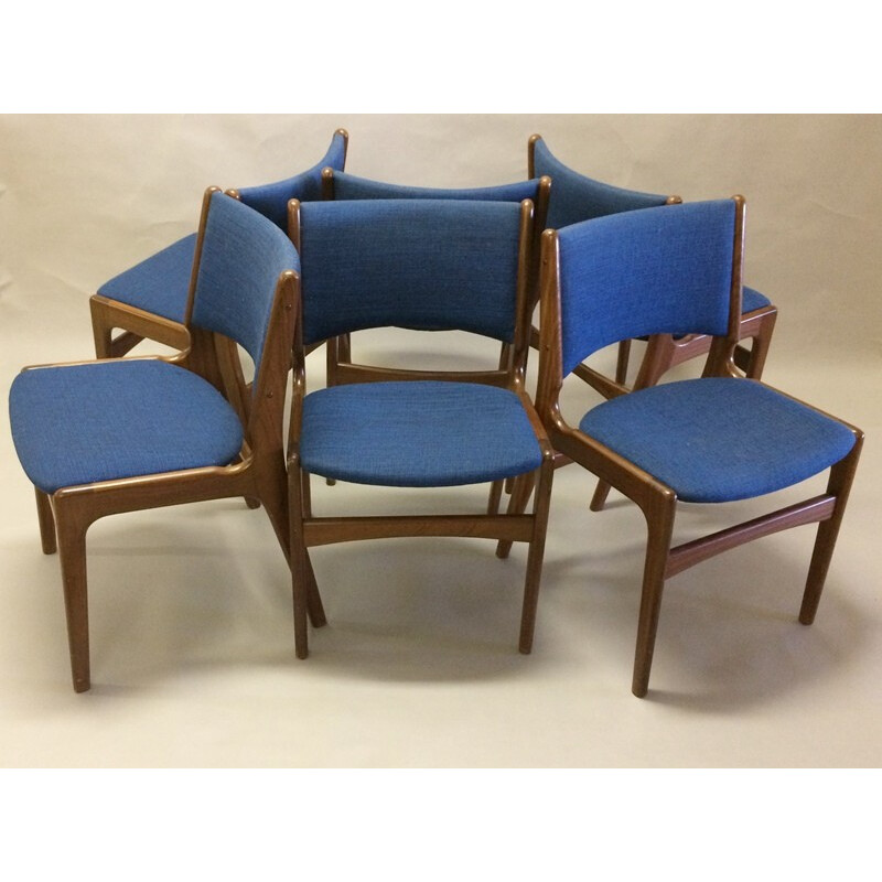 Set of 6 Dining Chairs in Solid Teak and Blue Fabric - 1960s