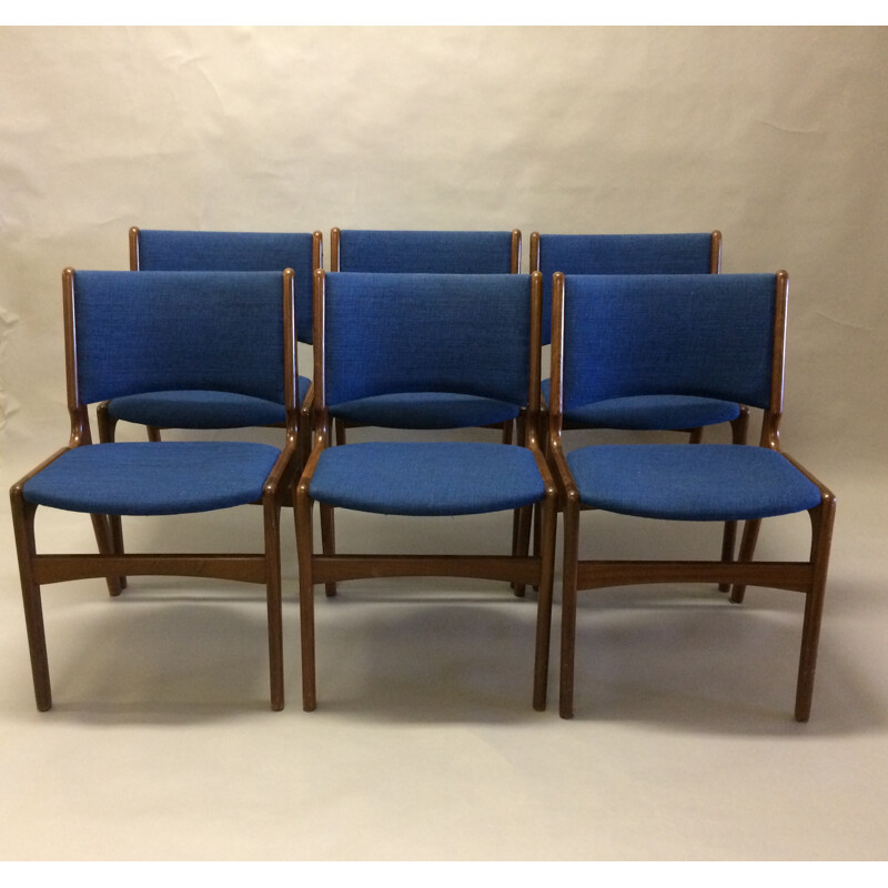 Set of 6 Dining Chairs in Solid Teak and Blue Fabric - 1960s