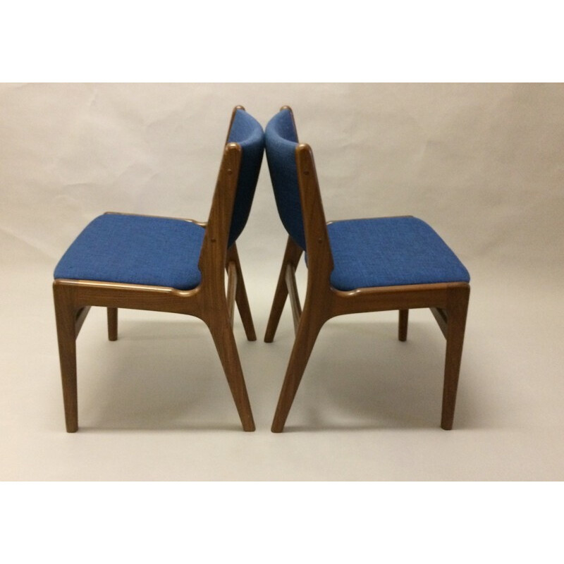 Set of 6 Dining Chairs in Solid Teak and Blue Fabric - 1960s