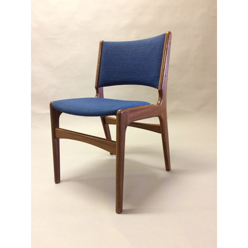 Set of 6 Dining Chairs in Solid Teak and Blue Fabric - 1960s