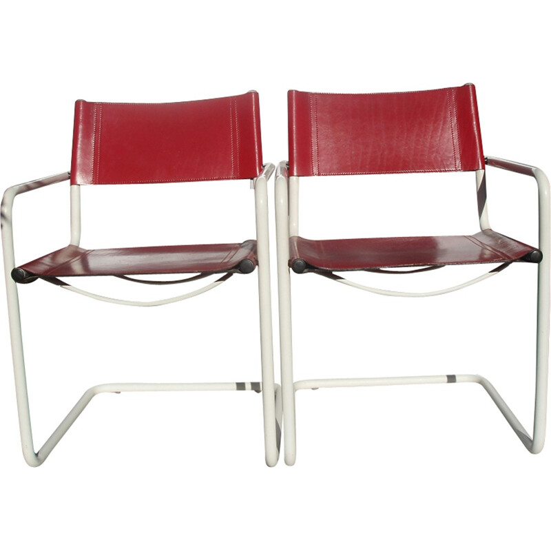 Pair of white lacquered armchairs in red leather - 1980s