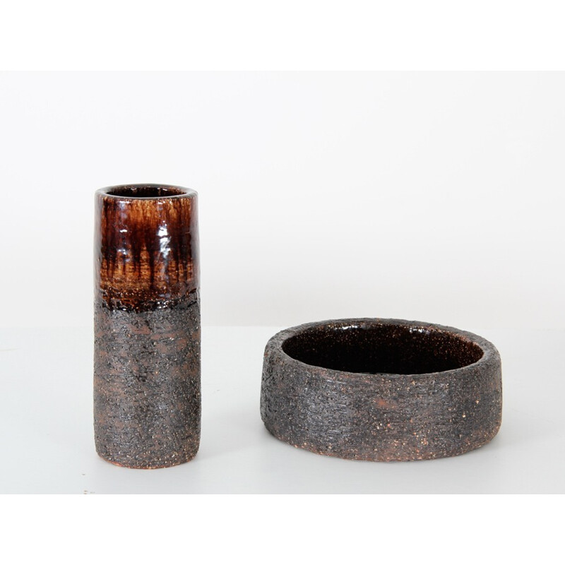 Conjunto de cerâmica escandinava, vaso e tigela de Ulla Kraitz, 1970