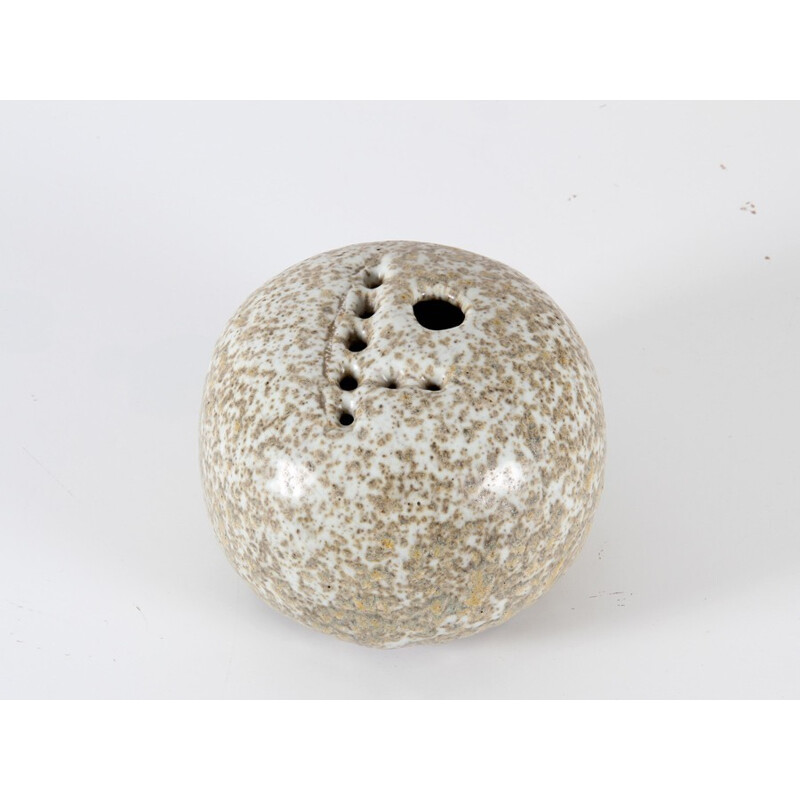 Brown and white glazed stoneware spherical vintage vase by Jørgen Mogensen, 1960