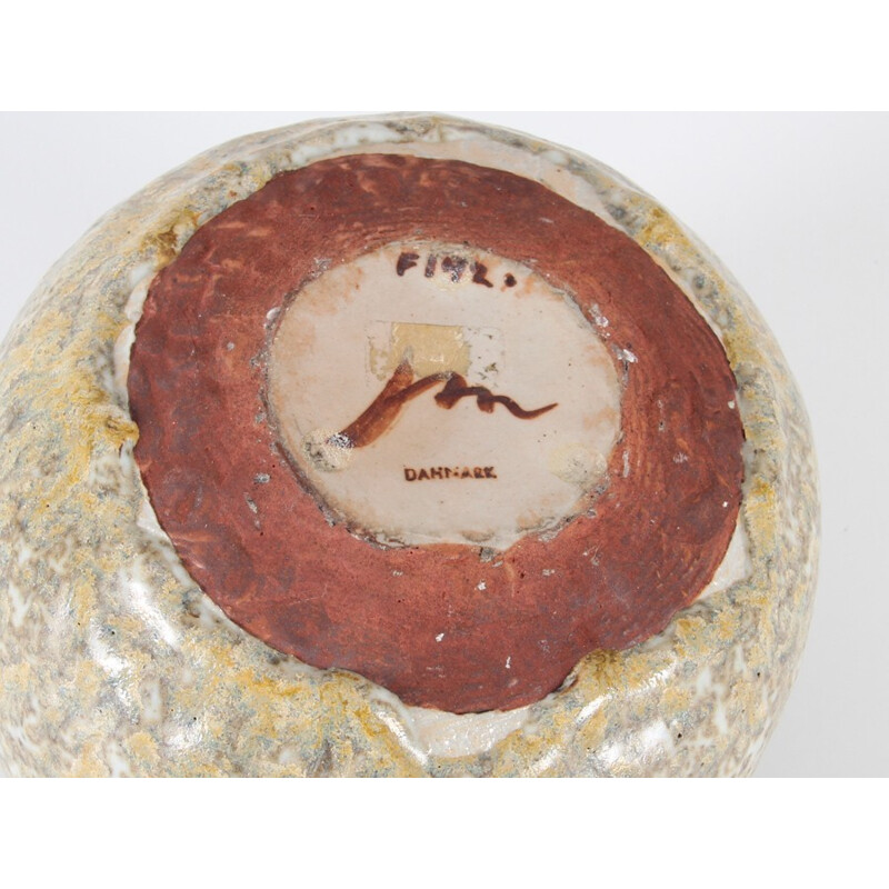 Vaso sferico vintage in gres smaltato bianco e marrone di Jørgen Mogensen, 1960