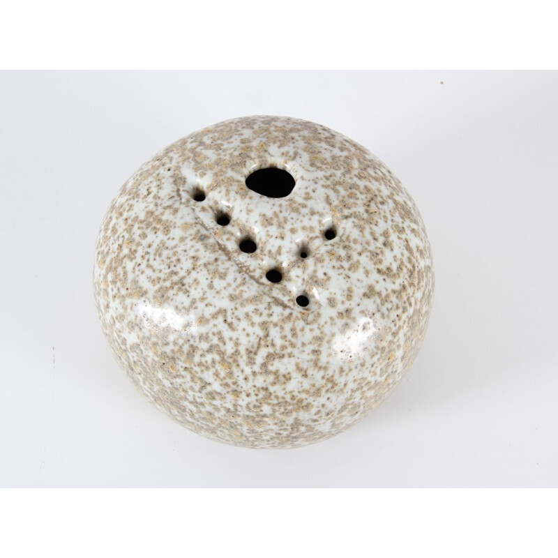 Brown and white glazed stoneware spherical vintage vase by Jørgen Mogensen, 1960