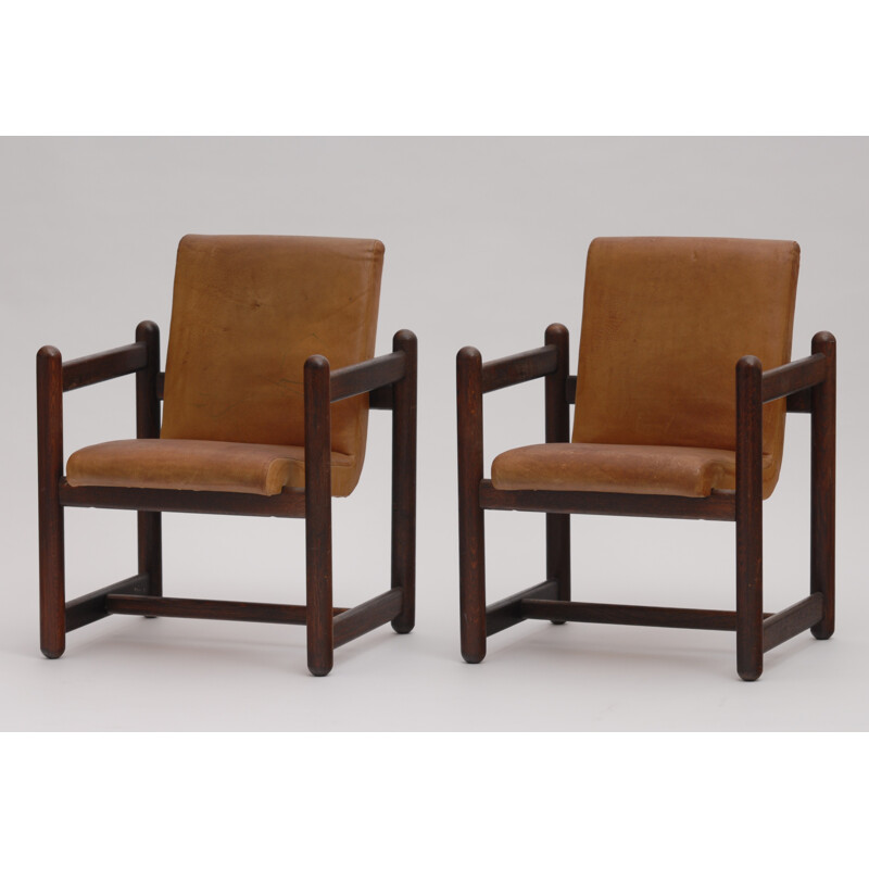 Pair of Leather Vintage Brown Armchairs - 1980s