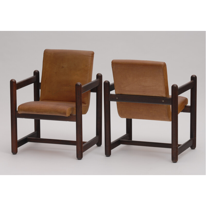 Pair of Leather Vintage Brown Armchairs - 1980s