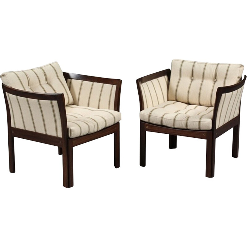 Pair of  Plexus Easy Chairs in Mahogany and White Fabric by Illum Wikkelso - 1960s 